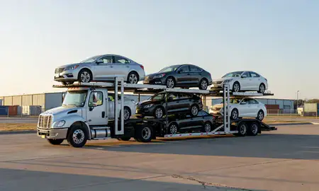 Car transporter loaded with vehicles in Hot Springs, Arkansas, United States
