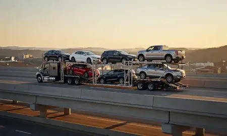 Car transporter with the Hot Springs, Arkansas, United States skyline behind it