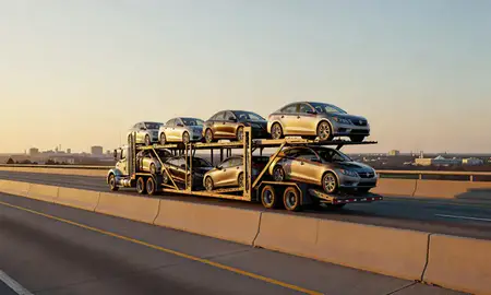 Car transporter with the Jacksonville, Arkansas, United States skyline behind it