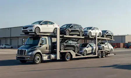 Car transporter loaded with vehicles in Jonesboro, Arkansas, United States