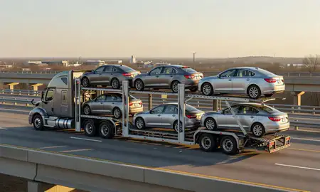 Car transporter with the Jonesboro, Arkansas, United States skyline behind it