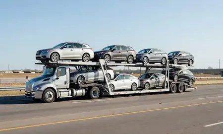 Multi-level car carrier on the highway to Little Rock, Arkansas, United States