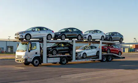 Car transporter loaded with vehicles in Little Rock, Arkansas, United States