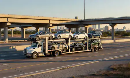 Car transporter with the Little Rock, Arkansas, United States skyline behind it