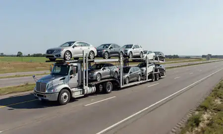 Multi-level car carrier on the highway to Marion, Arkansas, United States