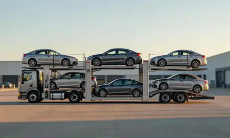 Car transporter parked in an industrial area of Marion, Arkansas, United States