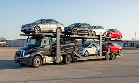 Car transporter loaded with vehicles in Marion, Arkansas, United States