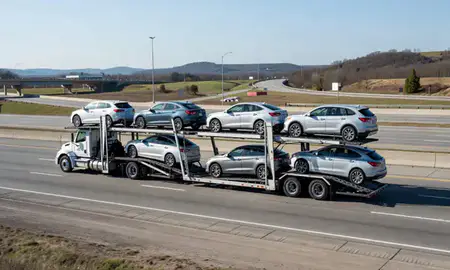 Multi-level car carrier on the highway to Maumelle, Arkansas, United States