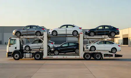Car transporter parked in an industrial area of Maumelle, Arkansas, United States