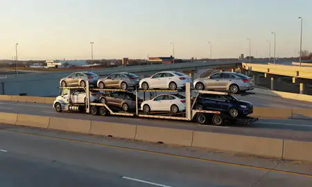 Car transporter with the Maumelle, Arkansas, United States skyline behind it
