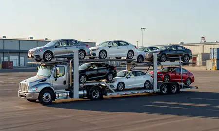 Car transporter loaded with vehicles in North Little Rock, Arkansas, United States