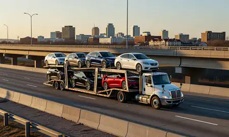 Car transporter with the North Little Rock, Arkansas, United States skyline behind it