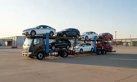 Car transporter loaded with vehicles in Paragould, Arkansas, United States