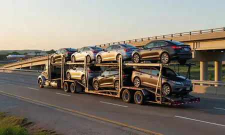 Car transporter with the Paragould, Arkansas, United States skyline behind it