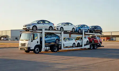 Car transporter loaded with vehicles in Pine Bluff, Arkansas, United States