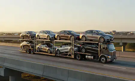Car transporter with the Pine Bluff, Arkansas, United States skyline behind it