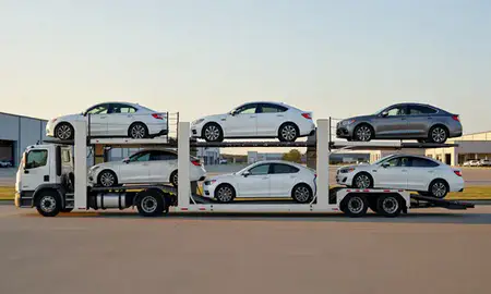Car transporter parked in an industrial area of Rogers, Arkansas, United States