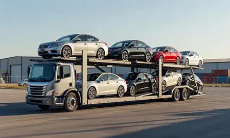 Car transporter loaded with vehicles in Rogers, Arkansas, United States