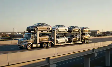 Car transporter with the Rogers, Arkansas, United States skyline behind it