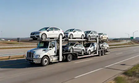 Multi-level car carrier on the highway to Russellville, Arkansas, United States