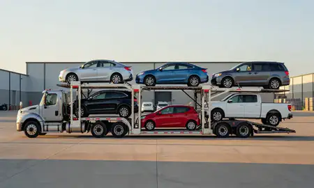 Car transporter parked in an industrial area of Russellville, Arkansas, United States