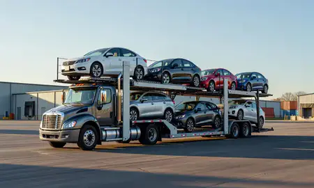 Car transporter loaded with vehicles in Russellville, Arkansas, United States