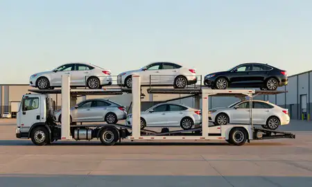 Car transporter parked in an industrial area of Searcy, Arkansas, United States