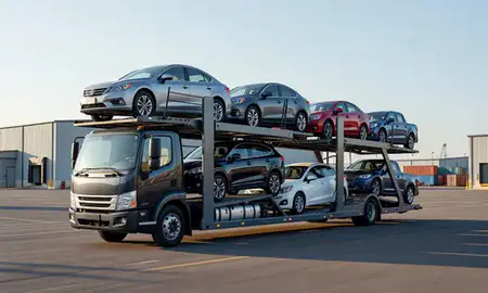 Car transporter loaded with vehicles in Searcy, Arkansas, United States