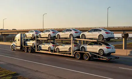 Car transporter with the Searcy, Arkansas, United States skyline behind it