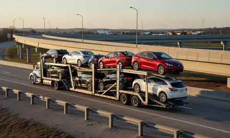 Car transporter with the Sherwood, Arkansas, United States skyline behind it