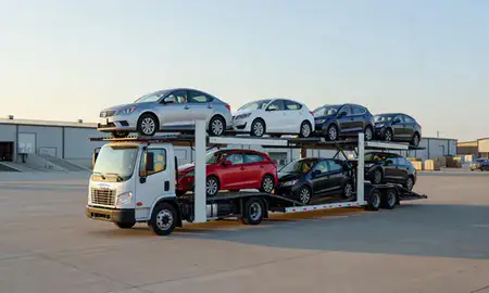 Car transporter loaded with vehicles in Siloam Springs, Arkansas, United States