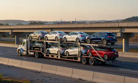 Car transporter with the Siloam Springs, Arkansas, United States skyline behind it