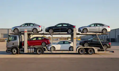 Car transporter parked in an industrial area of Springdale, Arkansas, United States