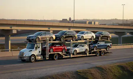 Car transporter with the Springdale, Arkansas, United States skyline behind it