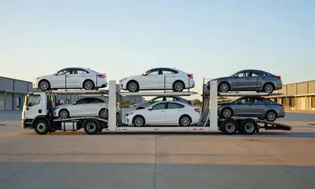 Car transporter parked in an industrial area of Texarkana, Arkansas, United States