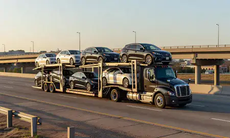 Car transporter with the Texarkana, Arkansas, United States skyline behind it