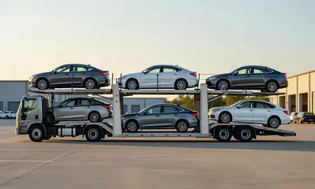Car transporter parked in an industrial area of Van Buren, Arkansas, United States
