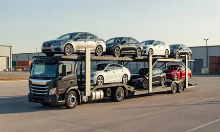 Car transporter loaded with vehicles in Van Buren, Arkansas, United States