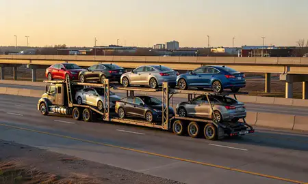 Car transporter with the Van Buren, Arkansas, United States skyline behind it