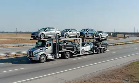 Multi-level car carrier on the highway to West Memphis, Arkansas, United States