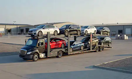 Car transporter loaded with vehicles in West Memphis, Arkansas, United States