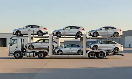 Car transporter parked in an industrial area of California, United States