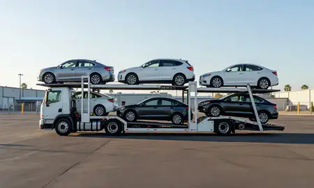 Car transporter loaded with vehicles in California, United States