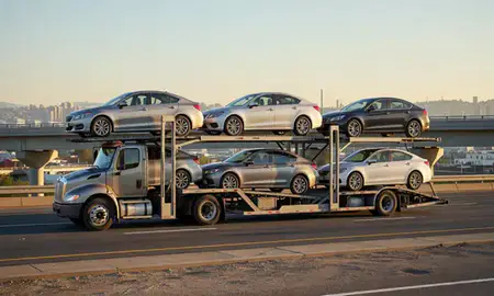Car transporter with the California, United States skyline behind it
