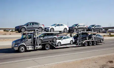 Multi-level car carrier on the highway to Anaheim, California, United States