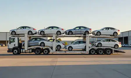 Car transporter parked in an industrial area of Anaheim, California, United States