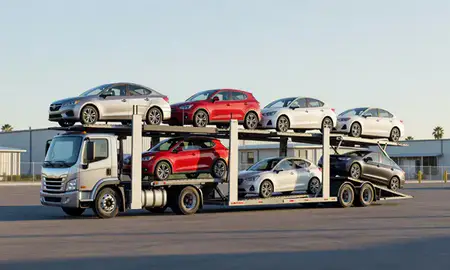 Car transporter loaded with vehicles in Anaheim, California, United States