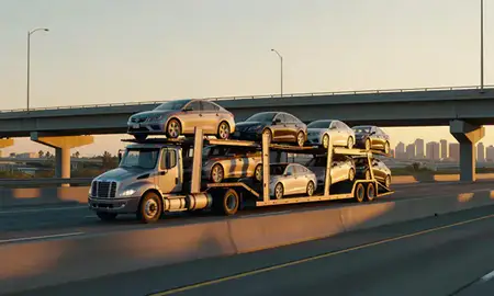 Car transporter with the Anaheim, California, United States skyline behind it