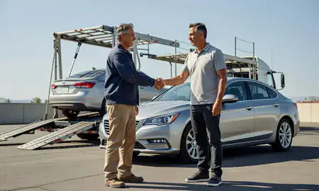 Vehicle owner beside their delivered car in Antioch, California, United States