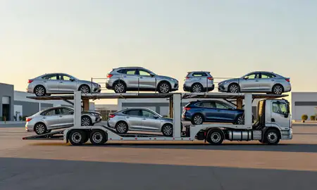 Car transporter parked in an industrial area of Antioch, California, United States